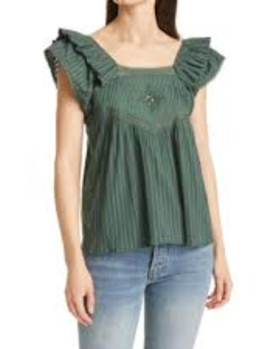 Ba&sh green Light Teal Ruffled Square Neck Peasant Top Size M